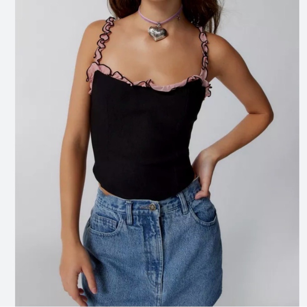 Motel rocks Idalia Corset Top Mesh Black with Pink Ruffles sz small S